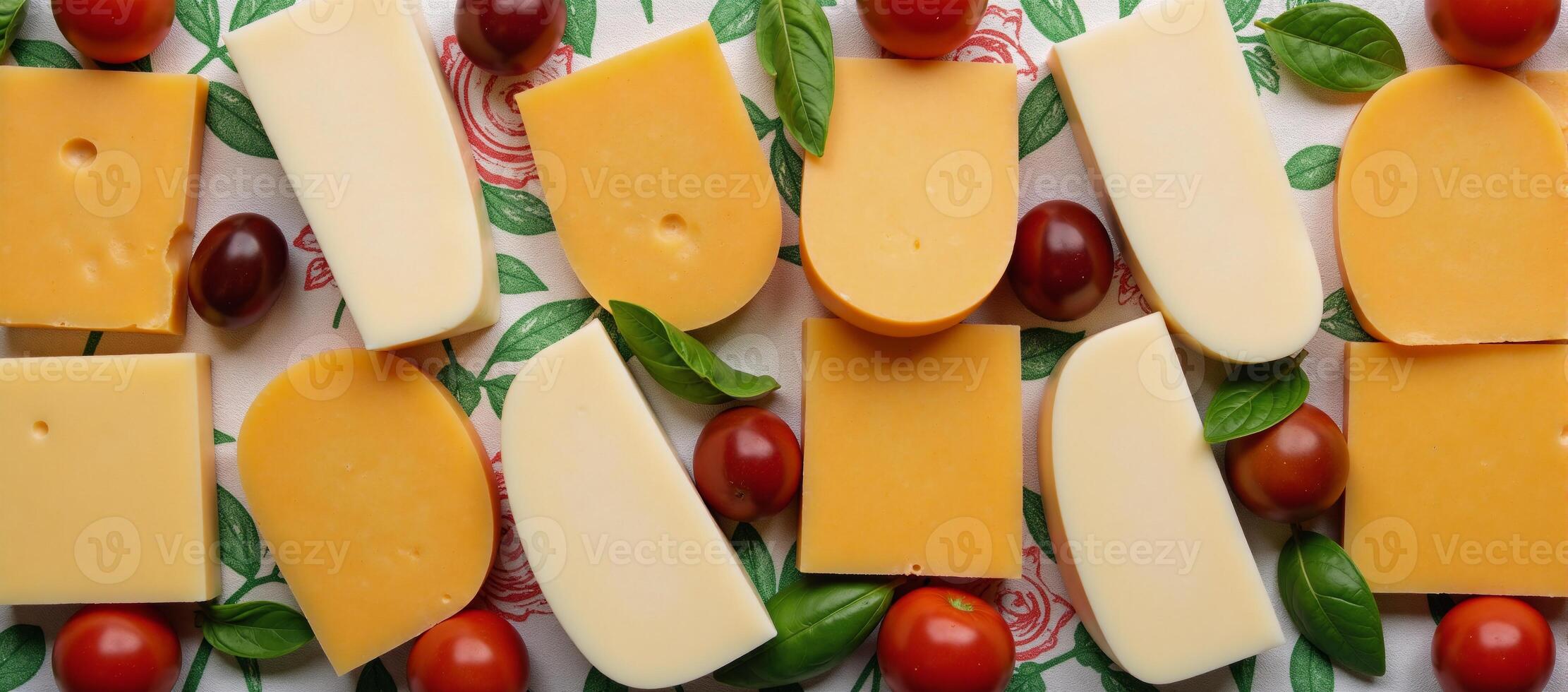Assorted cheese slices tomato olive basil arranged seamlessly as a fabric print design photo