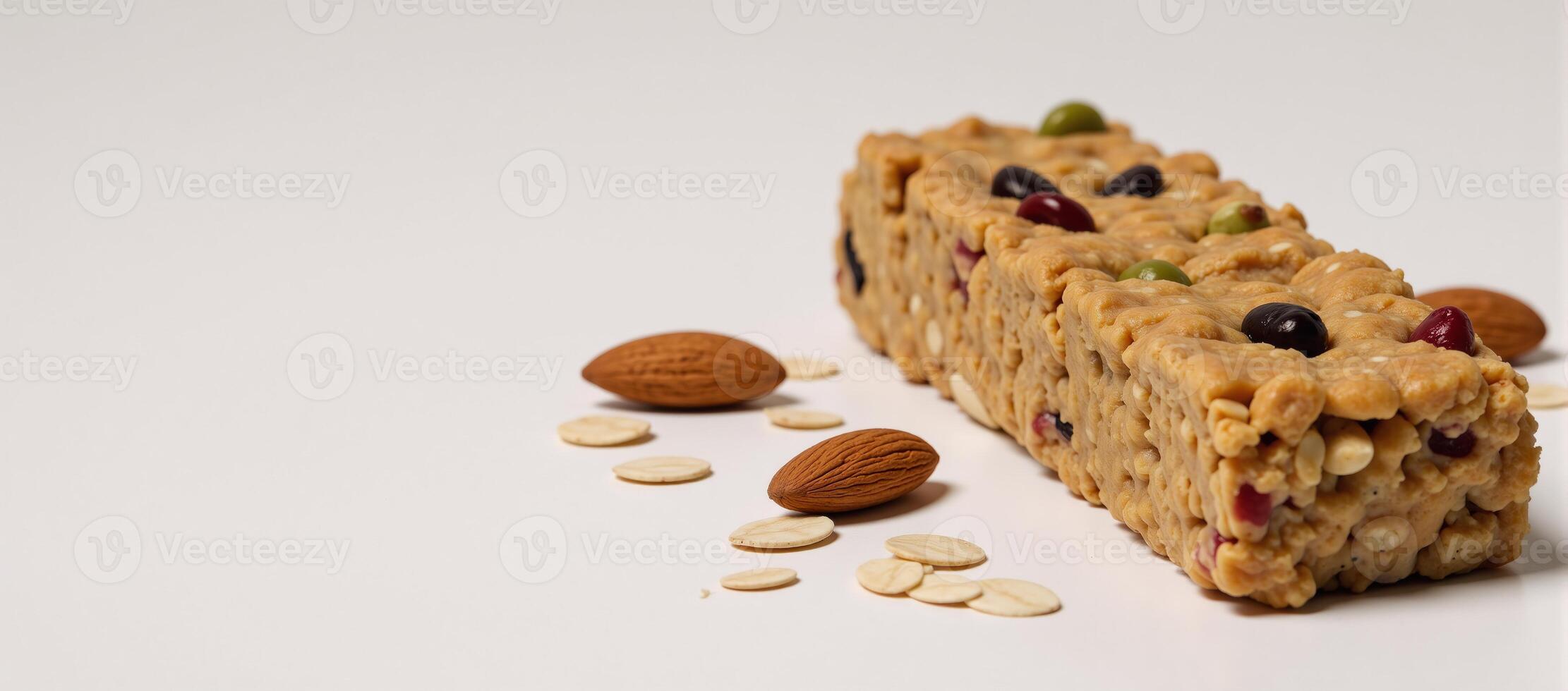 A healthful scene featuring a granola bar with almonds and oats showcasing nutritional snacks fitness diets and natural ingredients photo