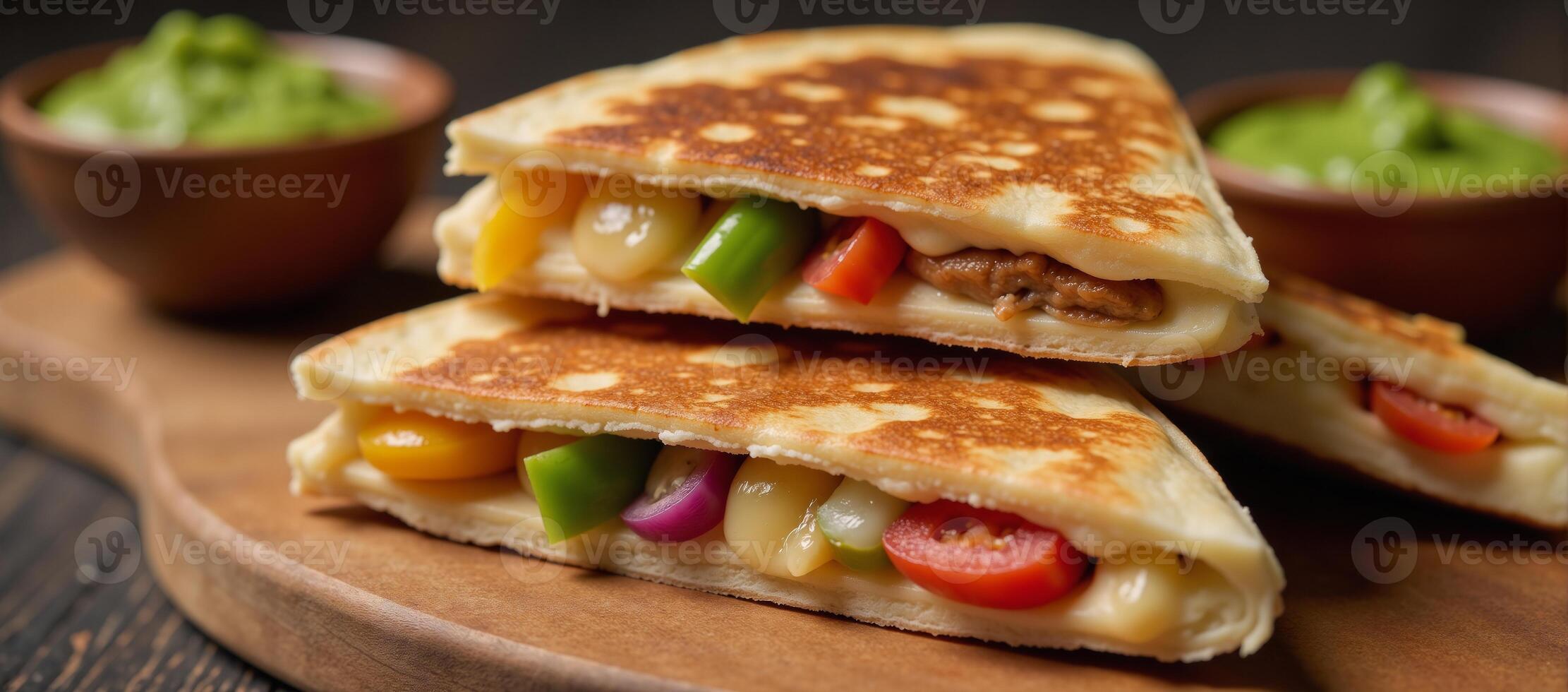 Cheese vegetable quesadillas served with salsa on a rustic table photo