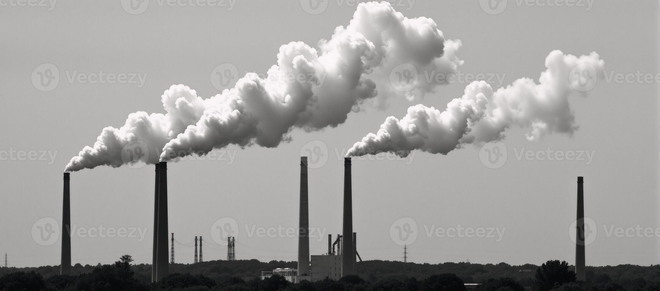 Smokestacks spewing pollutants against an ominous backdrop of industrializations effects on air quality photo