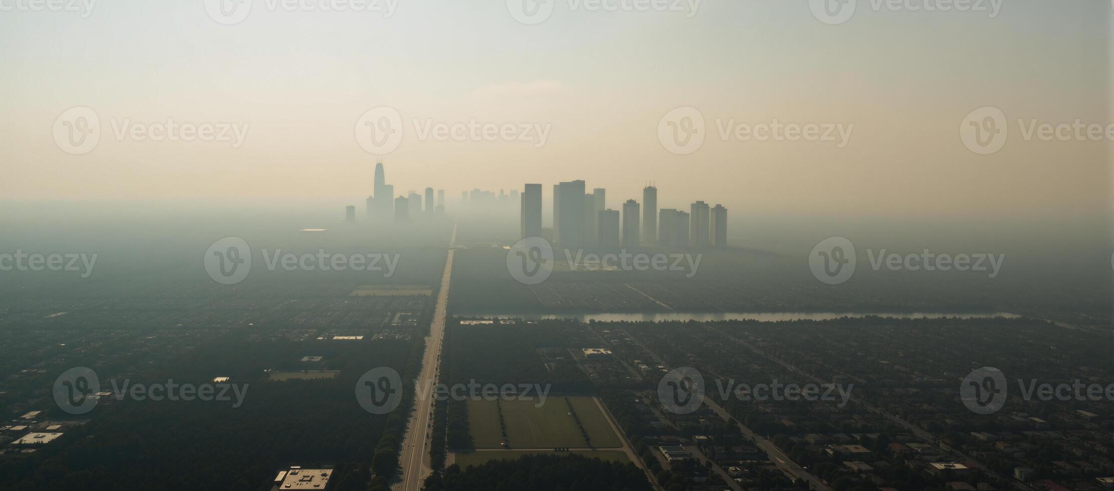 A panoramic aerial view captures the effects of toxic dust on urban landscapes symbolizing climate change air pollution and harm to the respiratory system photo