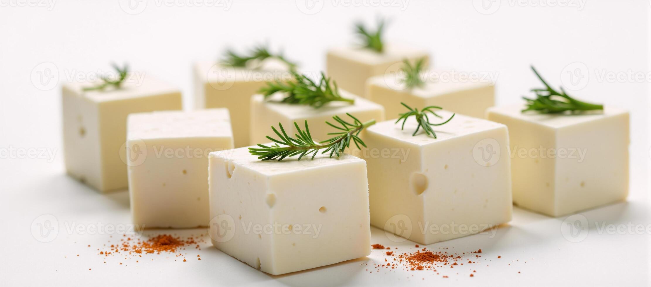 Whitebackground image shows falling Greek feta cubes seasoned with herbs and spices photo