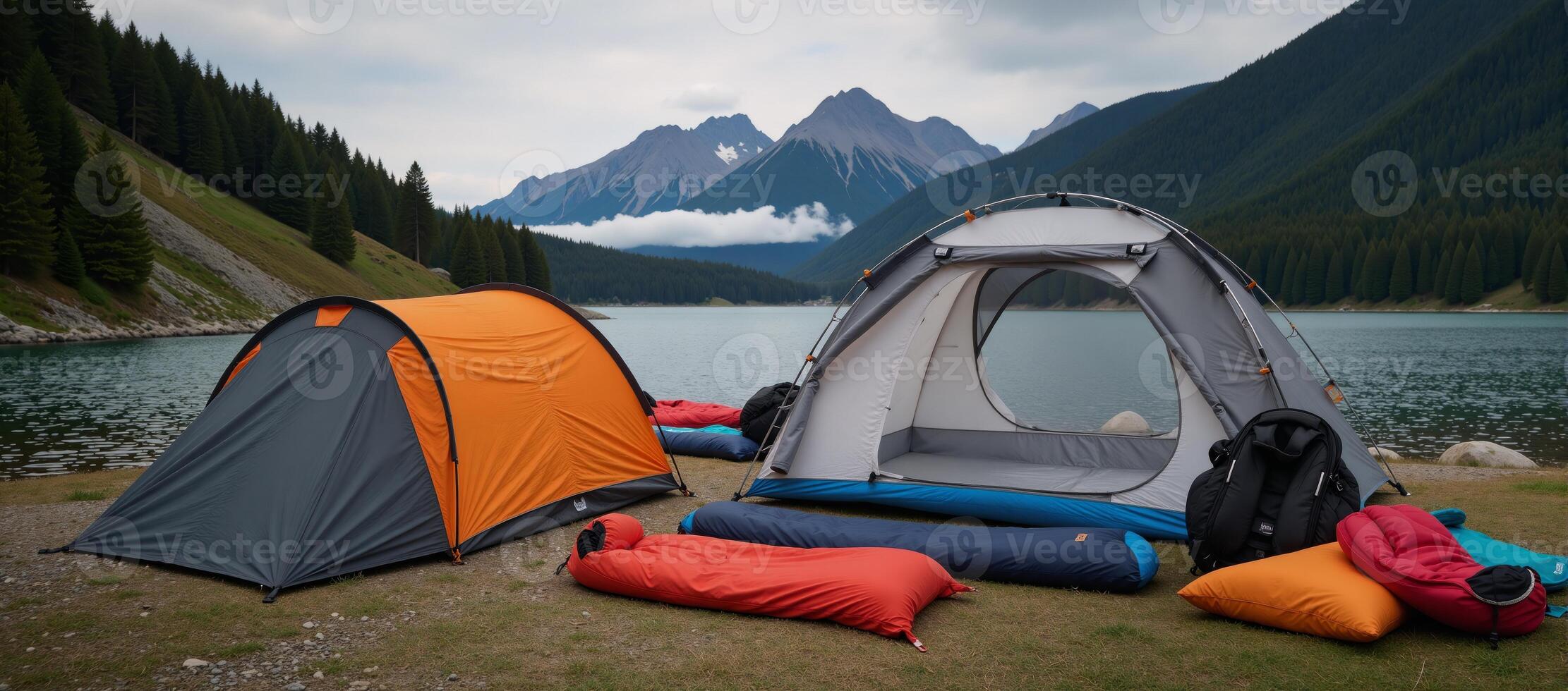 A tent pitched beside a mountain river within scenic lakeside mountain terrain photo