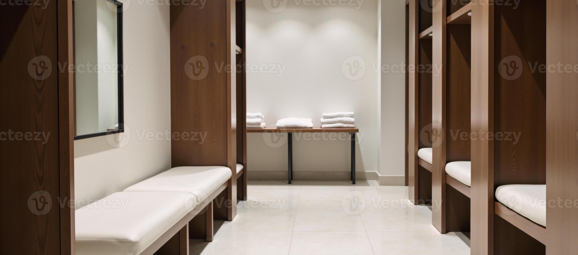 Beautiful gym focus on luxurious locker room and surrounding towels photo