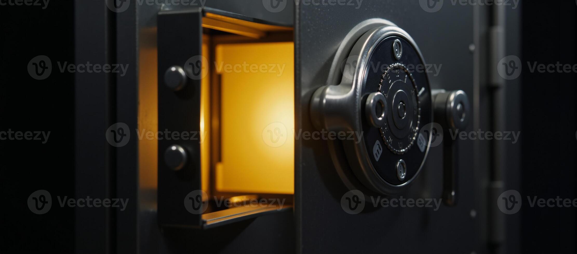 Silver bank vaults opened door reveals glowing gold and jewels Personal Treasures Secure Storage photo