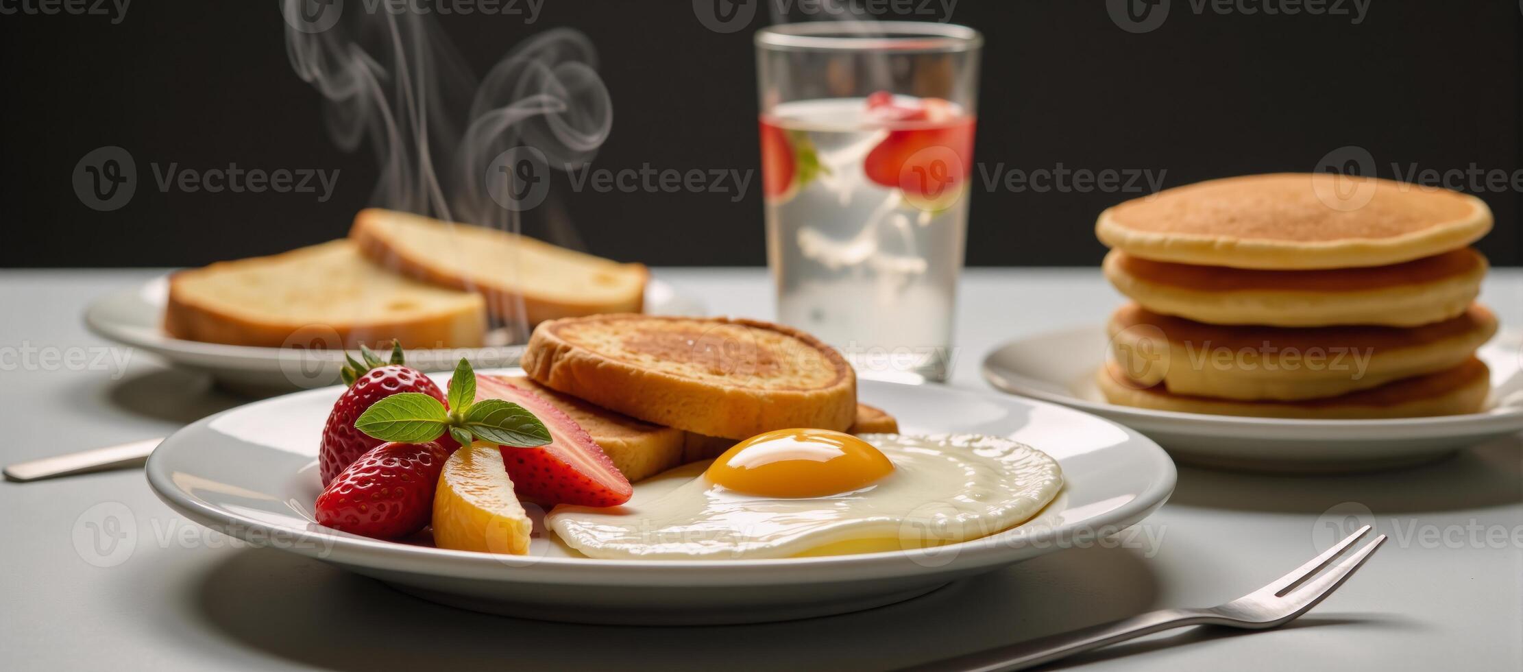 A morning meal with pancakes eggs and coffee on a cozy kitchen table photo
