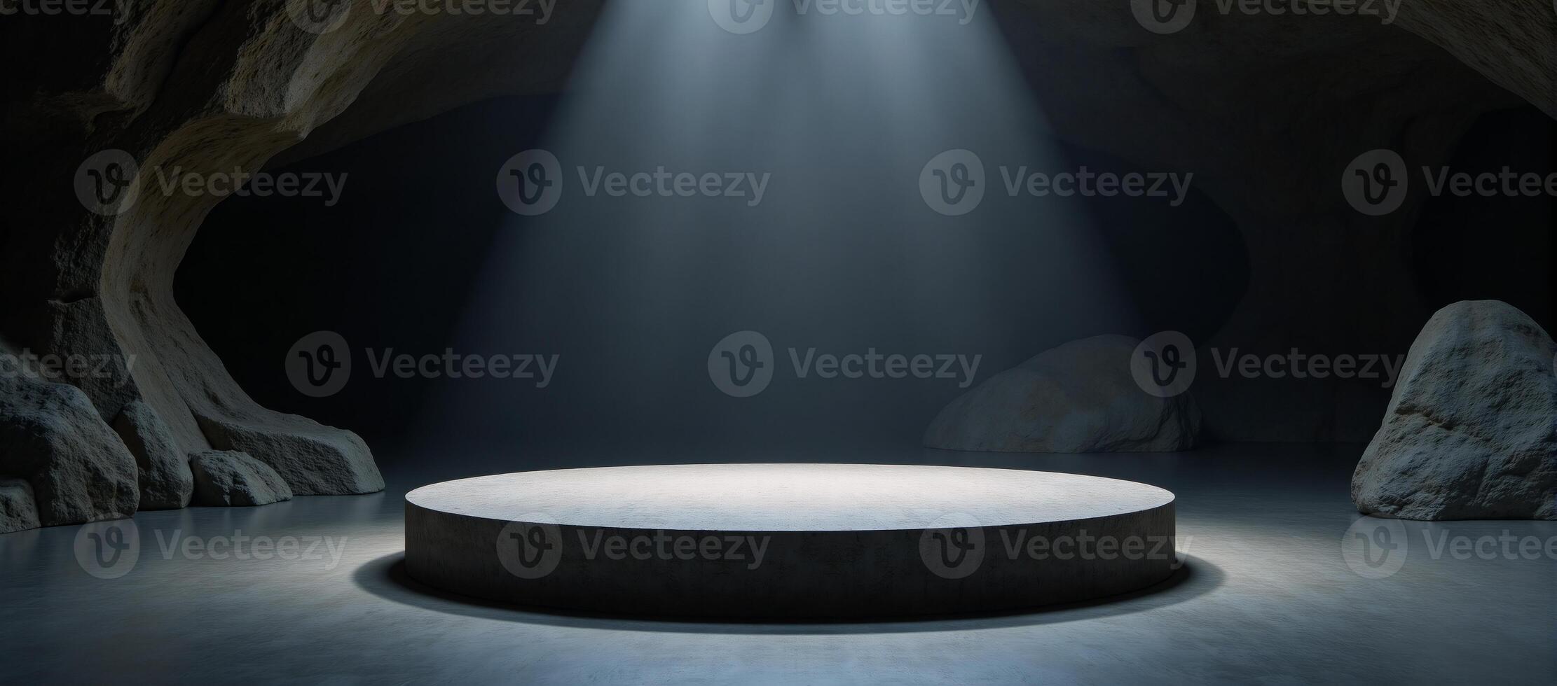 A rocky podium set against an atmospheric cave backdrop for an innovative product reveal photo