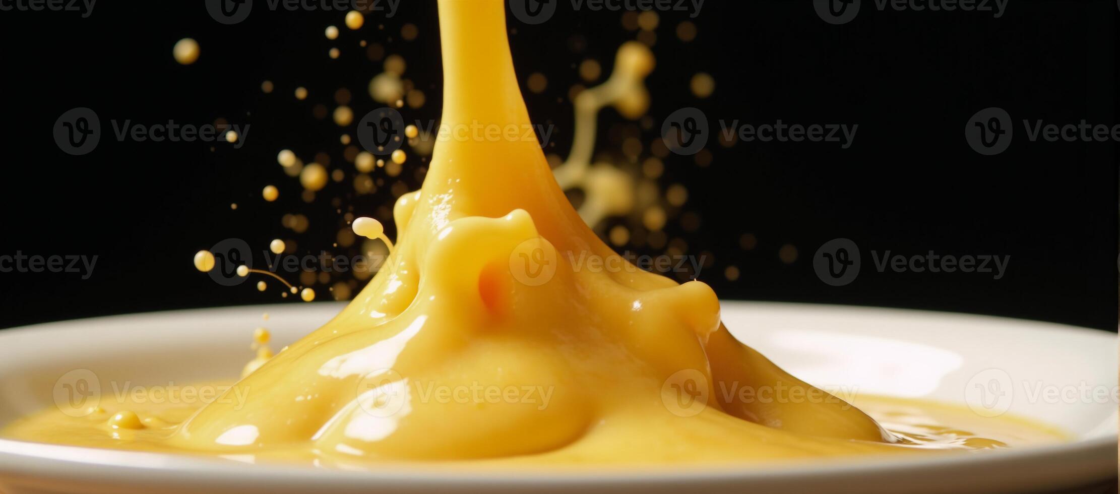 Cheesy scene showcasing midair cheddar sauce splash photo