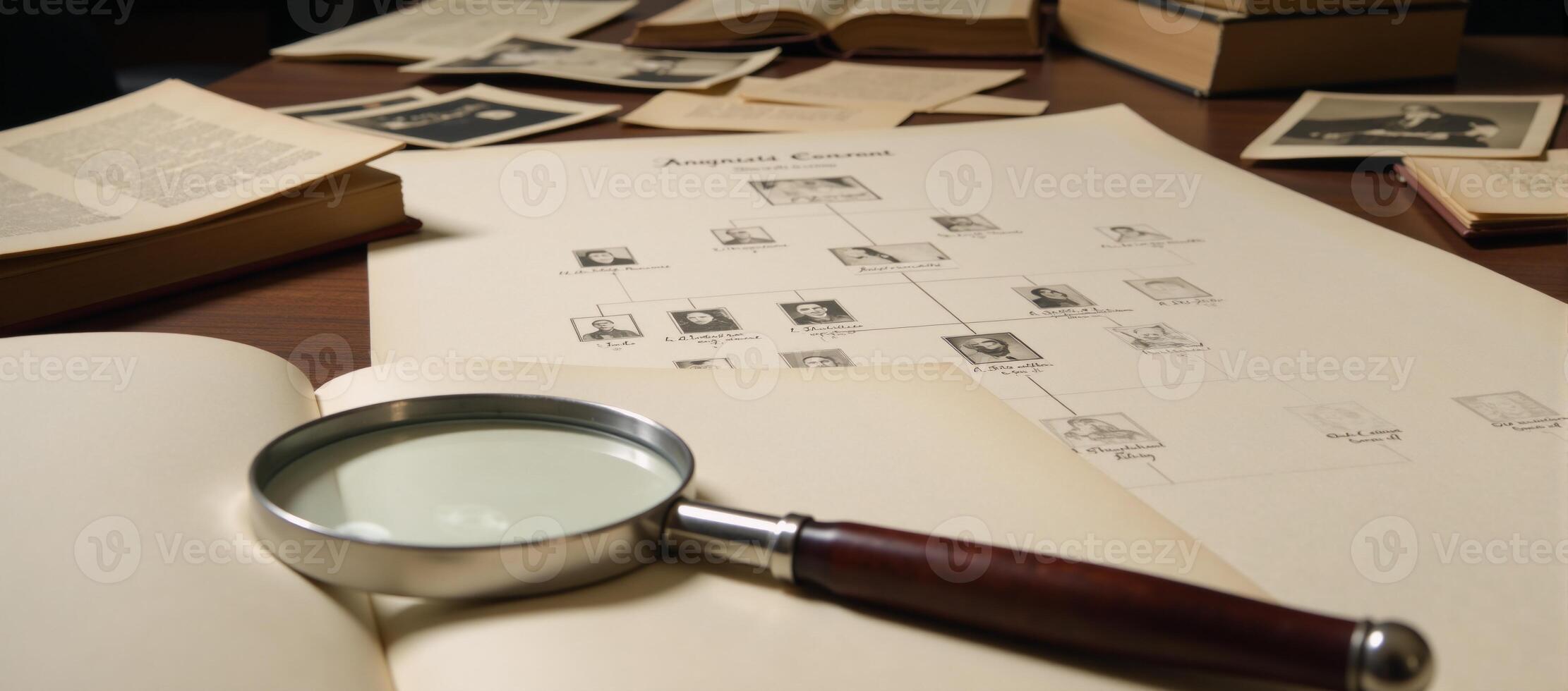 Closeup image of a genealogists workspace showcasing family trees and documents photo