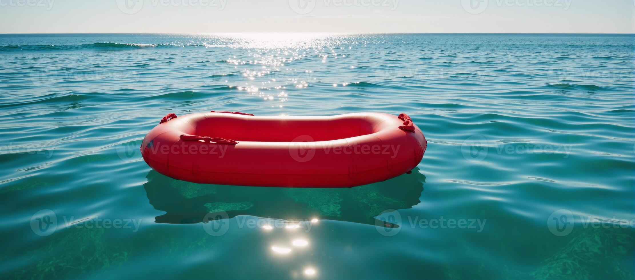 A floating red raft rests atop the watery expanse photo