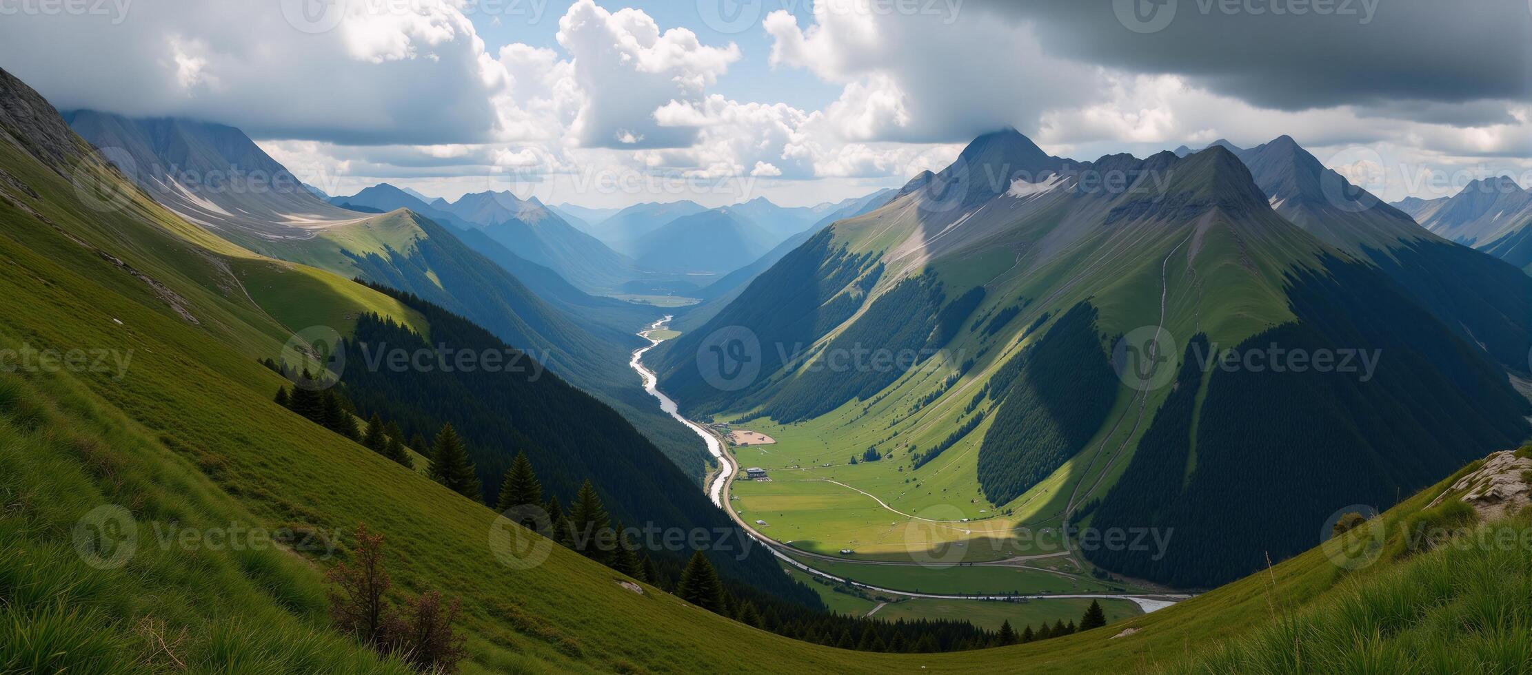 Stunning mountain vista with lush green valleys and a winding river under moody skies photo