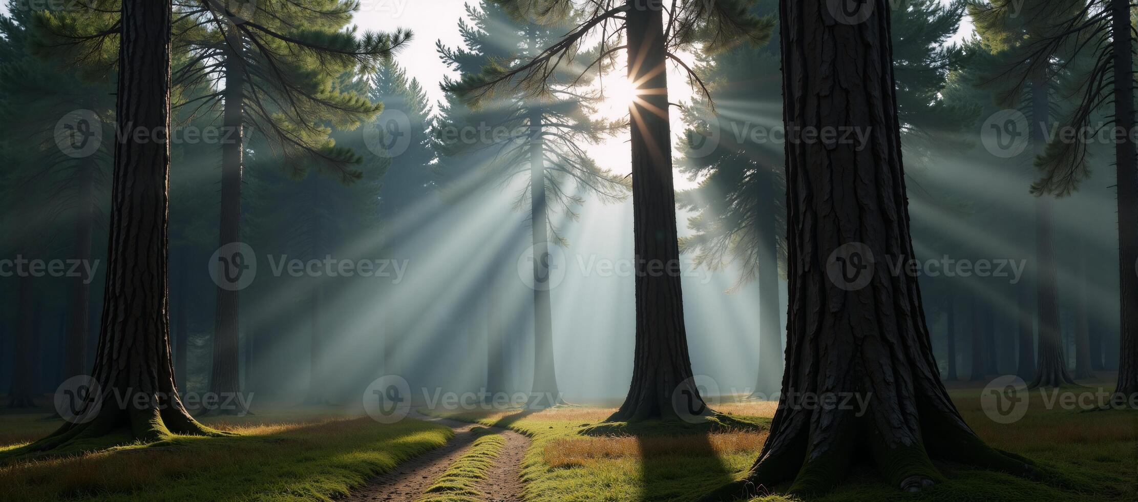 Misty forest landscape featuring tall pine trees photo