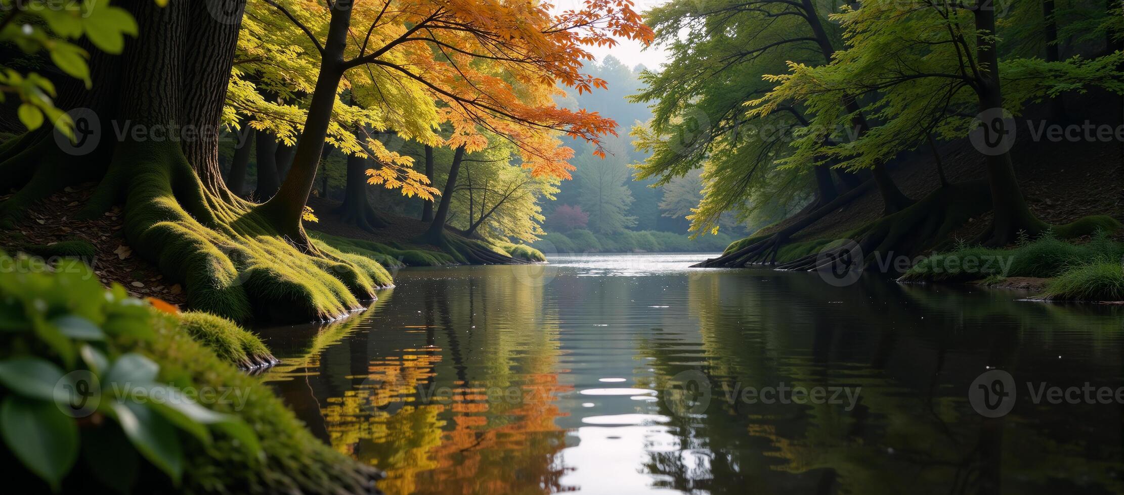 Forest scene with flowing river runs through painted style not specified photo