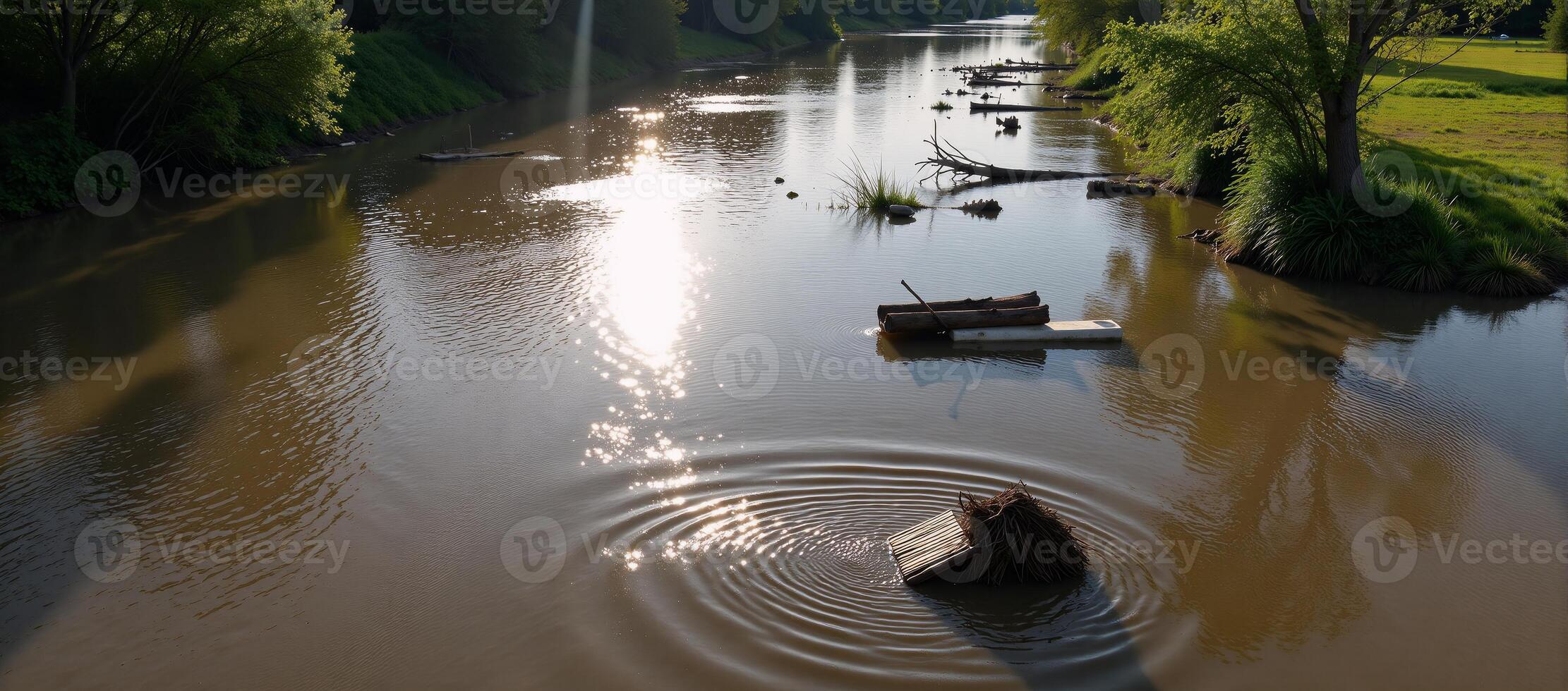 Flooded river landscape with sunrays breaking through cloud cover photo