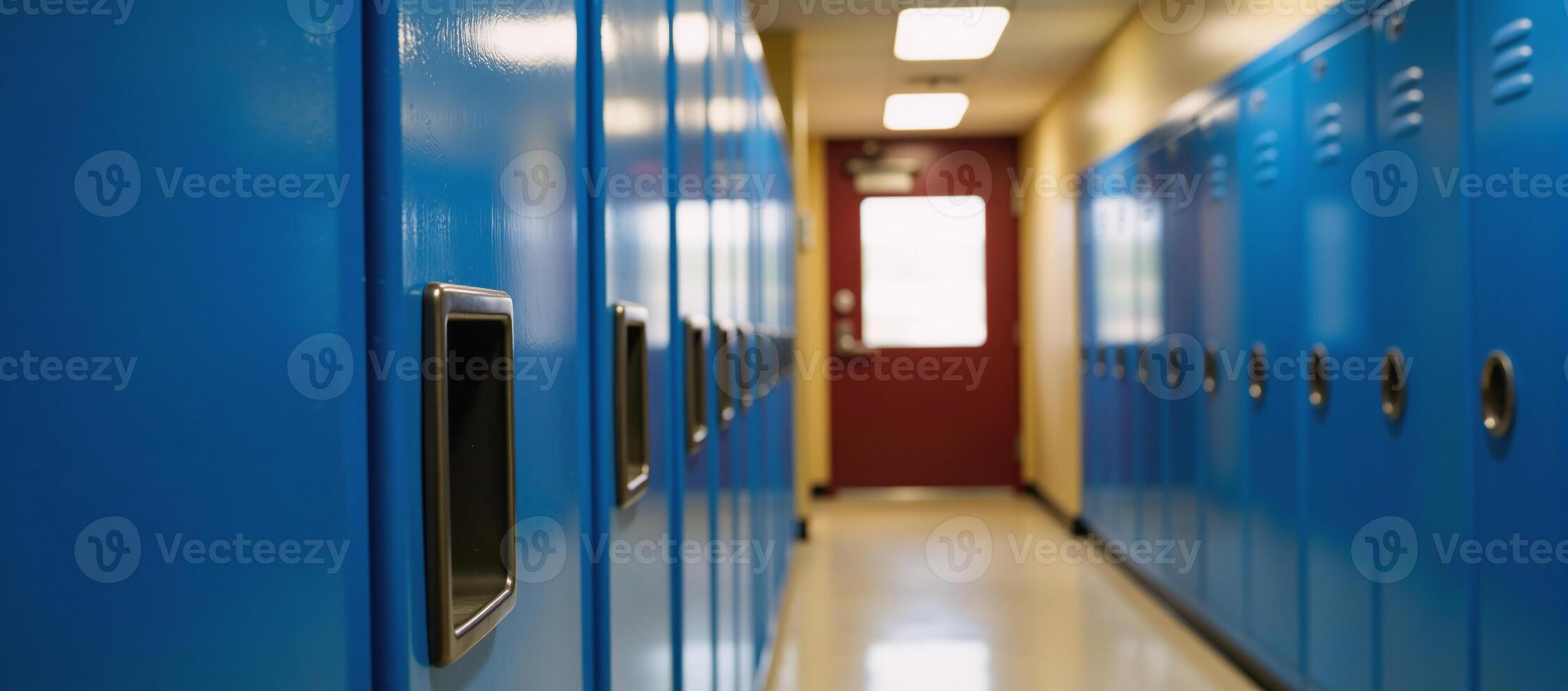 A scene depicts vibrant hallways with blue lockers lining them photo