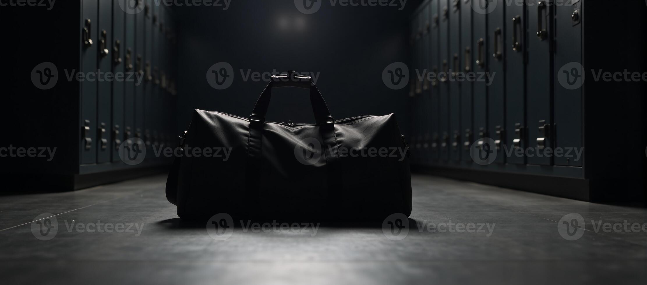 Duffel bag in dimly lit room with lockers photo