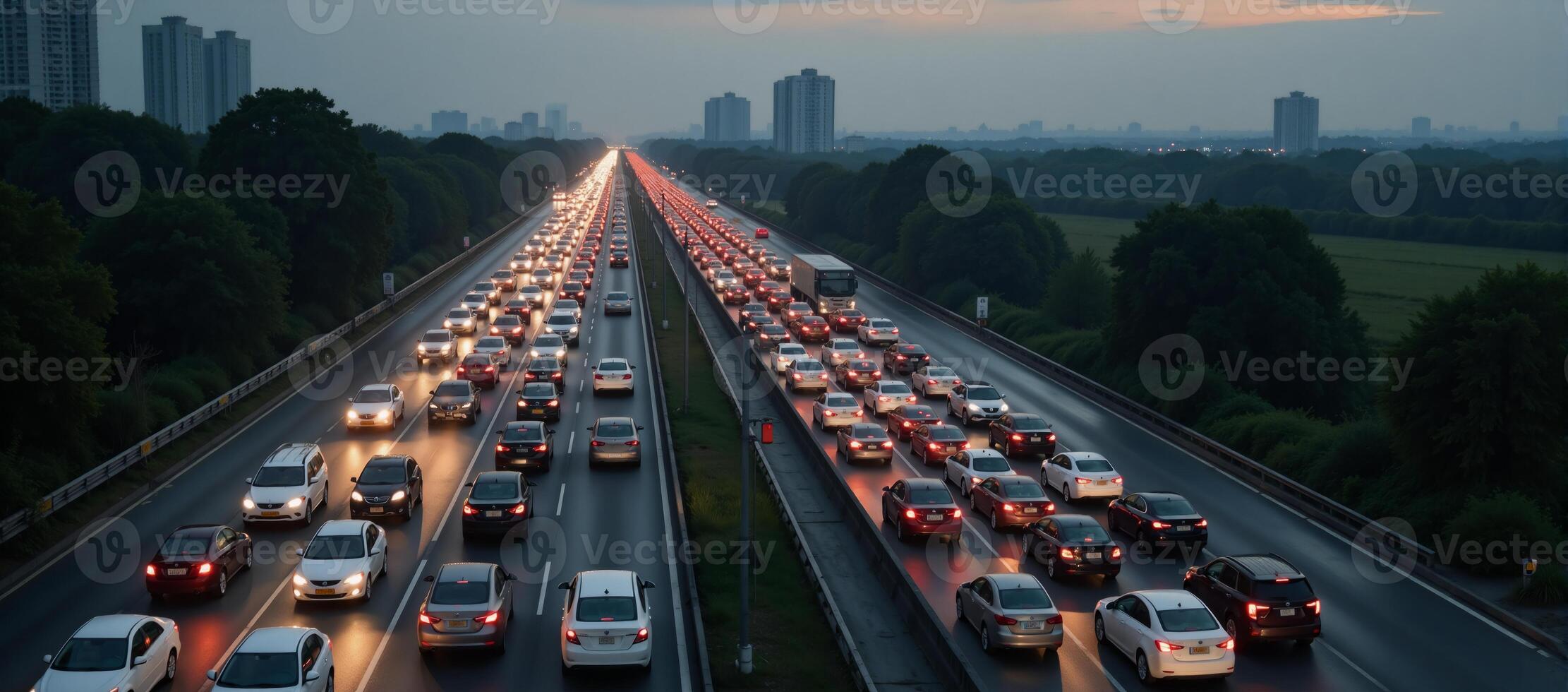 Cars stalled in an urban traffic jam at dusk showcasing the themes of air pollution excessive transportation in the bustling cityscape photo