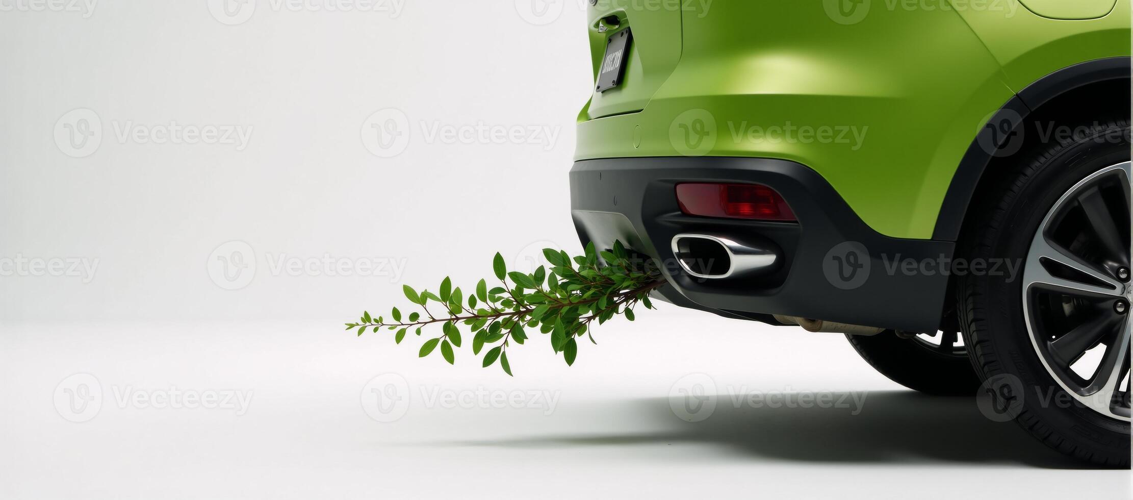 Green vehicle displaying leaves from its exhaust against a pristine white backdrop photo