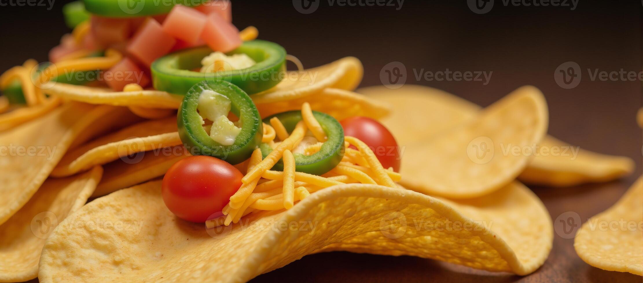 Nacho ingredients Corn chips shredded cheese diced tomatoes and sliced jalapeos photo