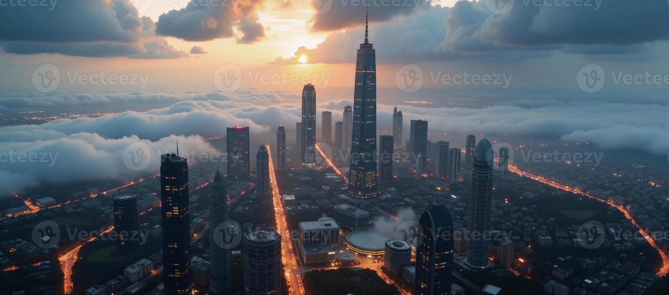 Aeriel shot Futuristic cityscape bathed in sunlight through swirling clouds and fog displaying glowing buildings amidst the misty dawn photo