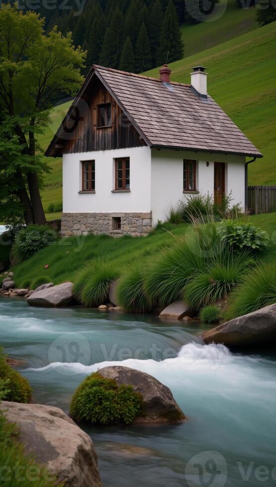 A charming whiteroofed cottage sits atop a riverside hill photo