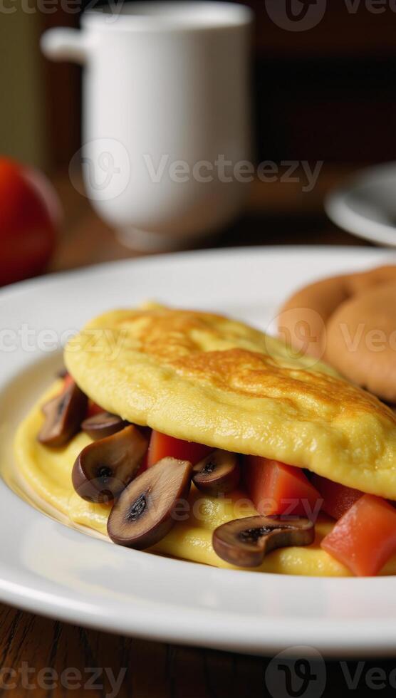 A mushroomtomato filled omelette with a fluffy texture photo