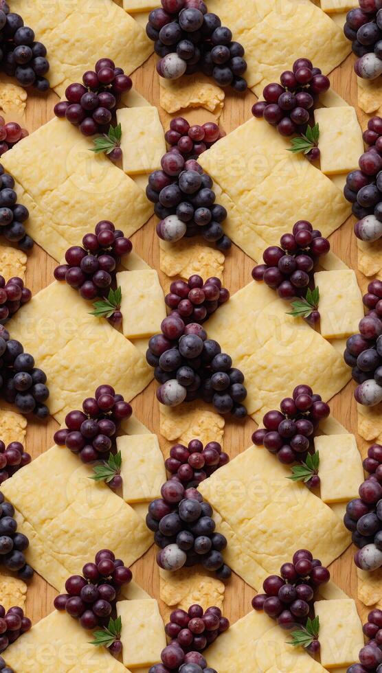 Elegant pattern featuring various gourmet cheeses and grapes arranged in a sophisticated repetition photo