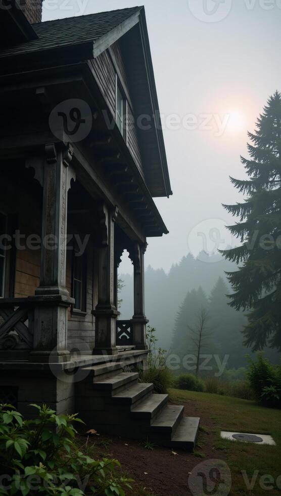 A gloomy atmospheric house stands amidst a fogcovered forest photo