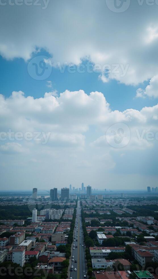 Bustling city with cloudy sky showcasing effects of air pollution Urban Life Air Pollution photo