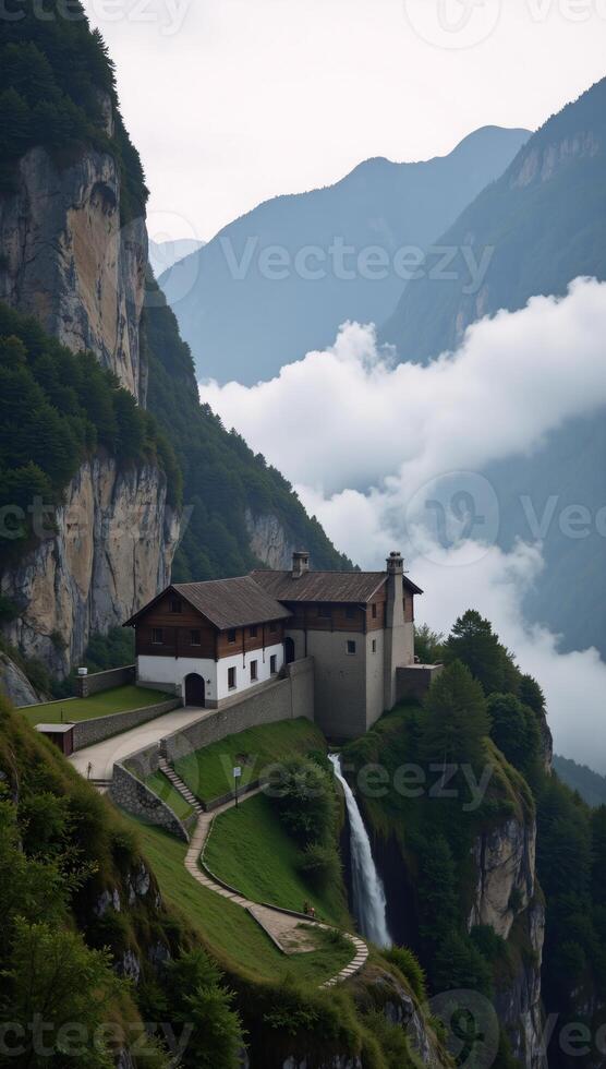 Ancient mountain village in morning fog surrounded by towering peaks embodies mysterious beauty and peaceful tranquility photo