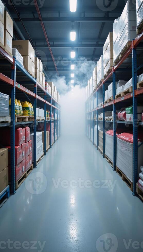 Cold storage area featuring mist and fog for visualizing temperatureregulated supply chains photo