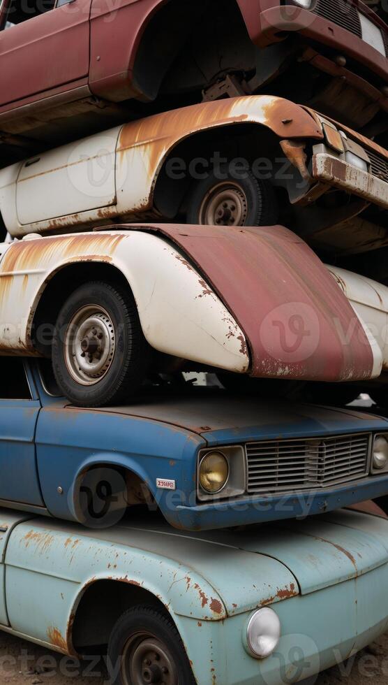 Abandoned decaying car pileup with signs of neglect photo