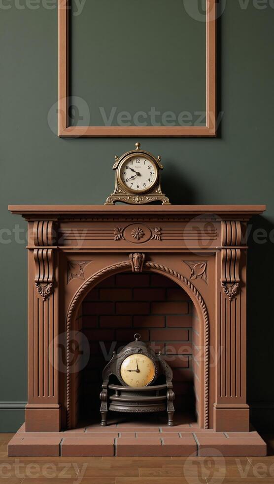 A vintage oldfashioned fireplace is depicted with a carriage clock on the mantelpiece 3D rendered photo