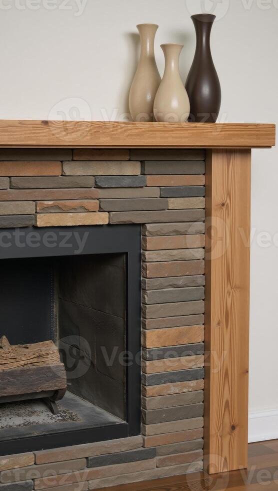 Modern rustic fireplace featuring stacked stone and wooden mantel design photo