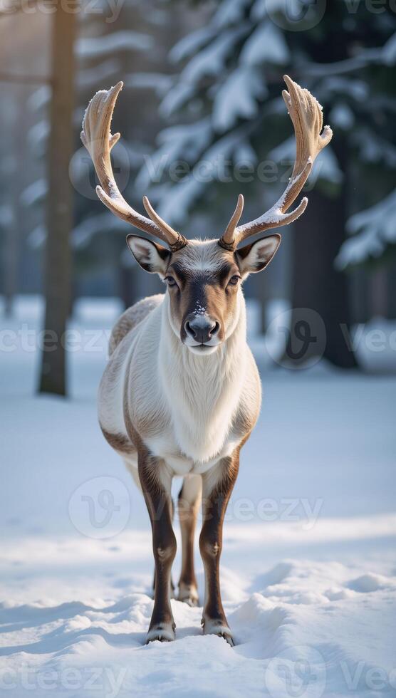 Serene Winter Scene Majestic Reindeer amidst Snowfall photo