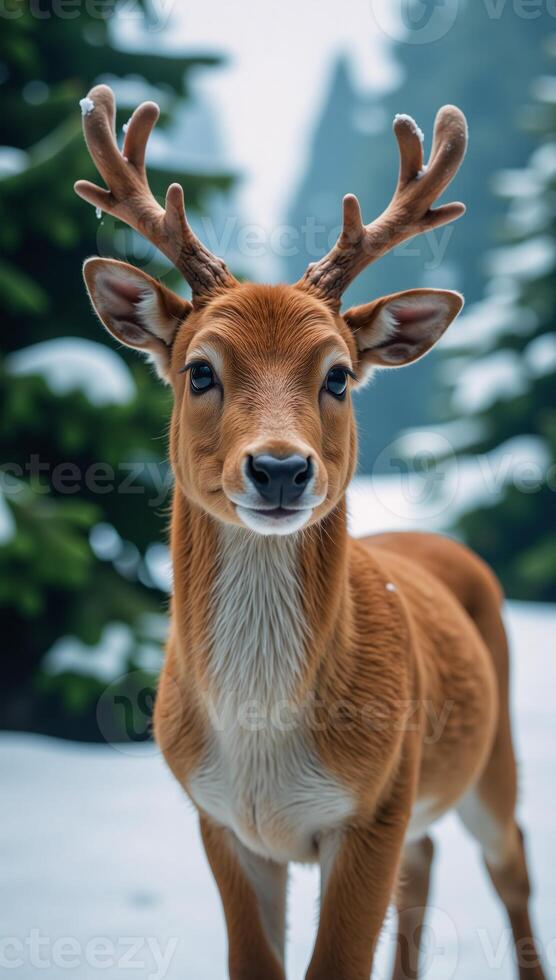 Adorable Reindeer set against a backdrop of wintery bluetoned trees photo