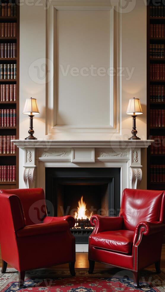 Two red leather armchairs facing a fireplace in a booklined library photo