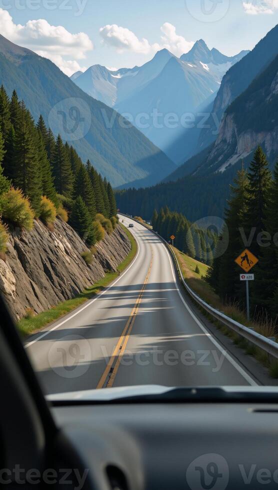 A scenic highway journey through mountains and forests showcasing a travel theme portrayed as a vibrant cartoon illustration of driving on an automobile road photo