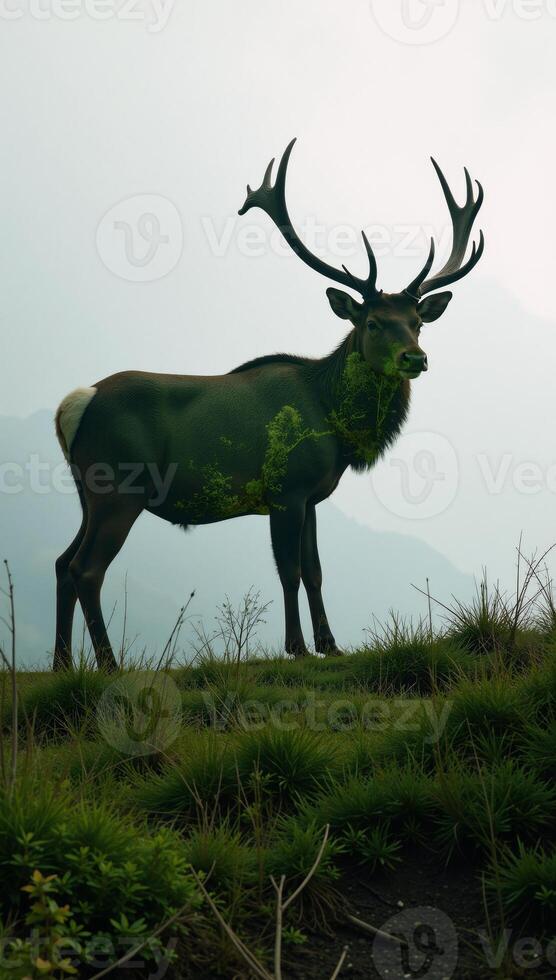 Fulllength elk silhouette superimposed over a detailed forest scene double exposure digital art photo