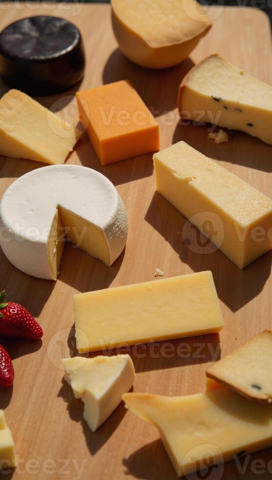 Closeup shot of artisan cheese assortment on a rustic wood cutting board photo