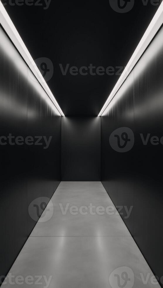 Modern minimalist mockup featuring an empty concrete hallway with black walls and LED lights lining the ceiling photo