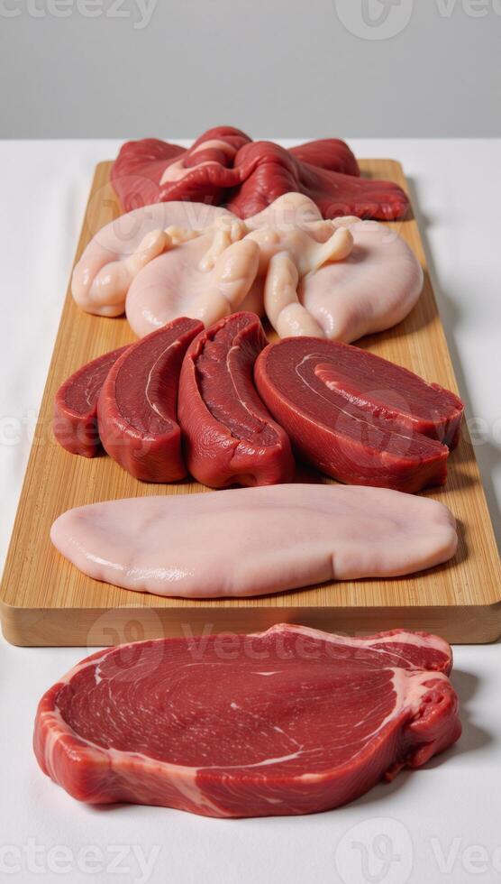 Raw meat displayed on a tableclothed table on a cutting board photo