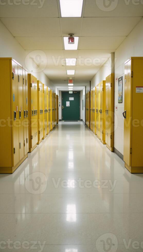 School hallway with yellow lockers and bare walls photo