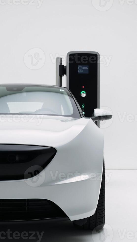 A sleek white electric vehicle at a charging station photo