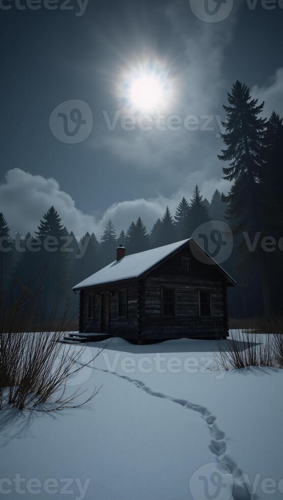 A chilling winter landscape shrouded in moonlight and eerie mist photo