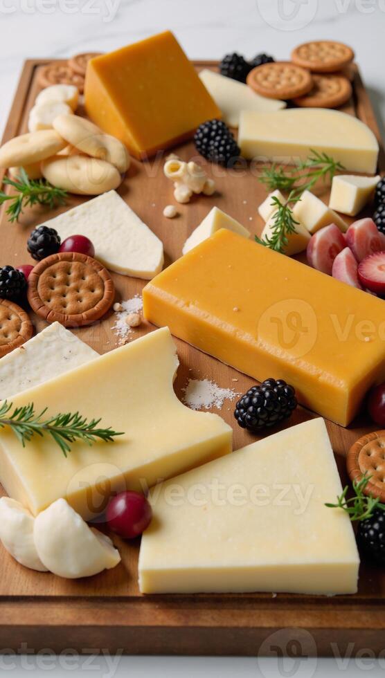 A creative cheese board display featuring geometrical arrangements of various cheeses photo