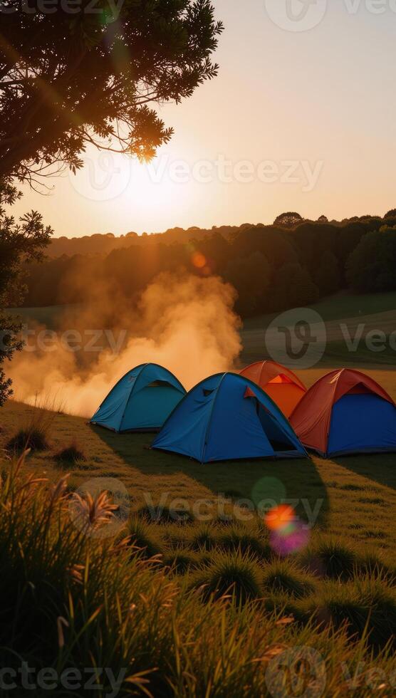 Tents in a field at sunset photo