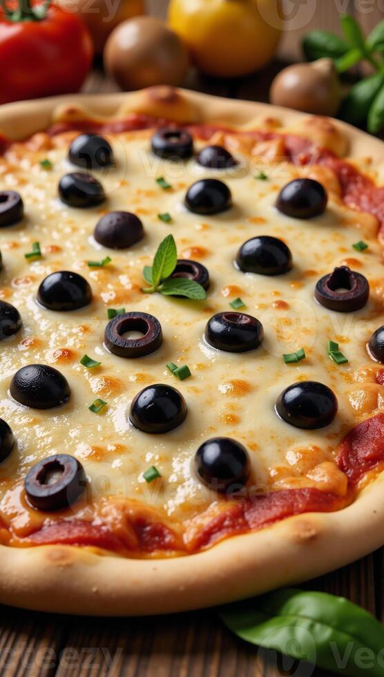 Illustration showcases a delicious pizza with olives mushrooms and veggies along with its recipe photo