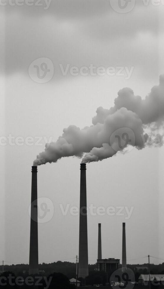 Smokestacks spewing pollutants against an ominous backdrop of industrializations effects on air quality photo