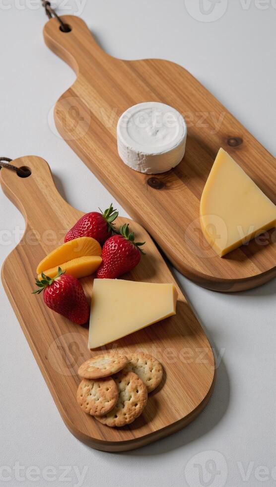 Rustic wooden cheese board set ideal for serving assorted cheeses fruits crackers photo